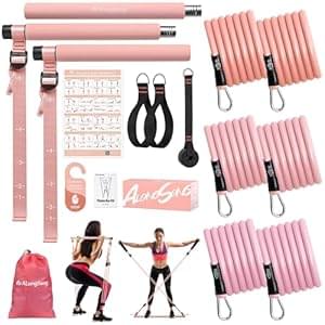 Upgraded Pilates Bar Kit with Resistance Bands Natural Latex for Women & Men, Heavy-Duty Stainless Steel Multifunctional Yoga Pilates Stick for Home Gym Exercise Fitness Equipment Full-Body Workouts